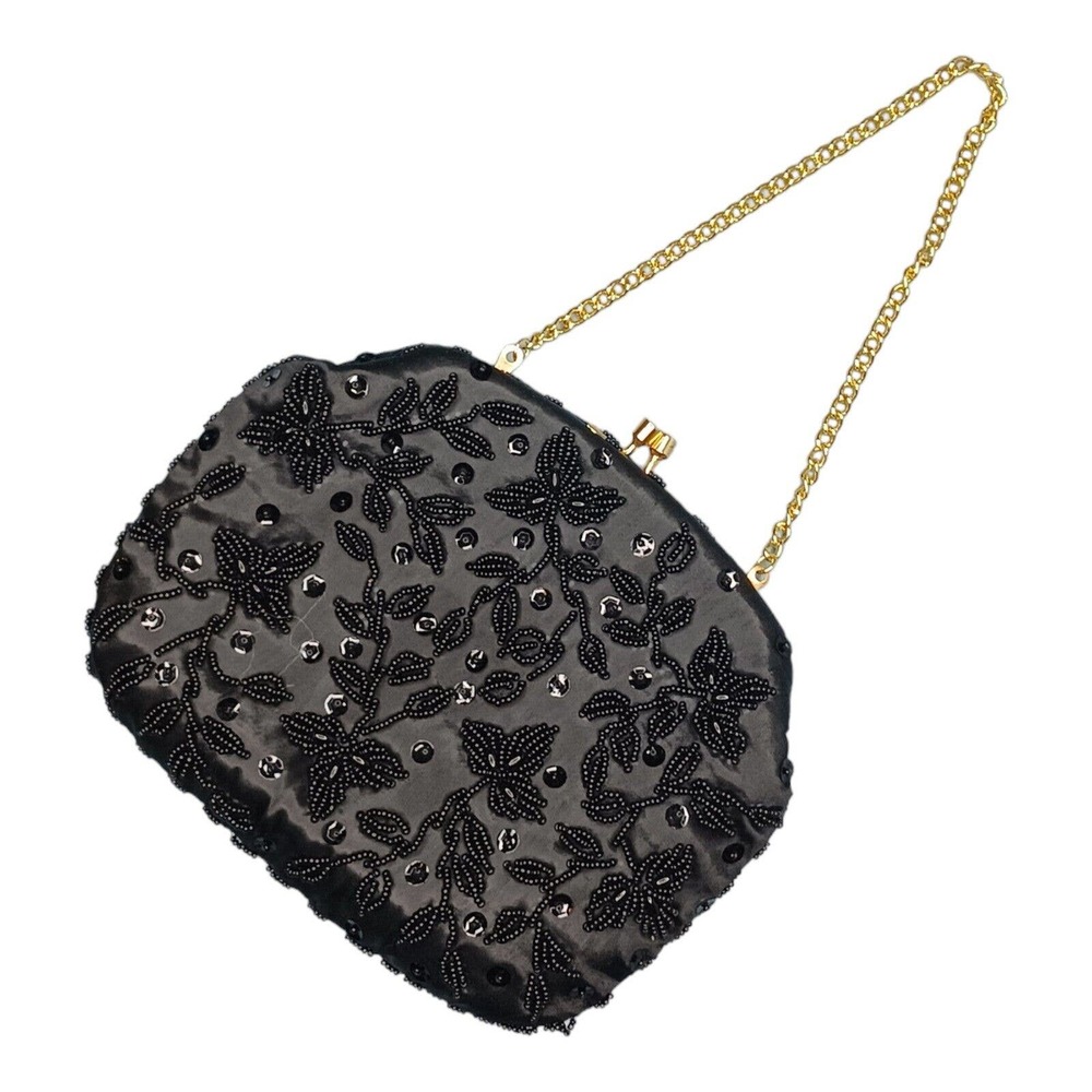 Vtg Black Beaded Sequence Evening Clutch Handbag Formal Purse Small Gold Chain